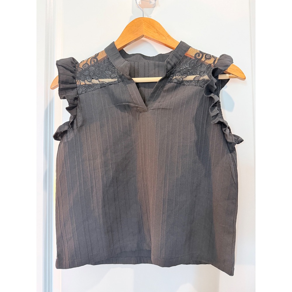 Shein Girls Black Ruffle Lace Shoulder Sleeveless Blouse Size 11-12Y